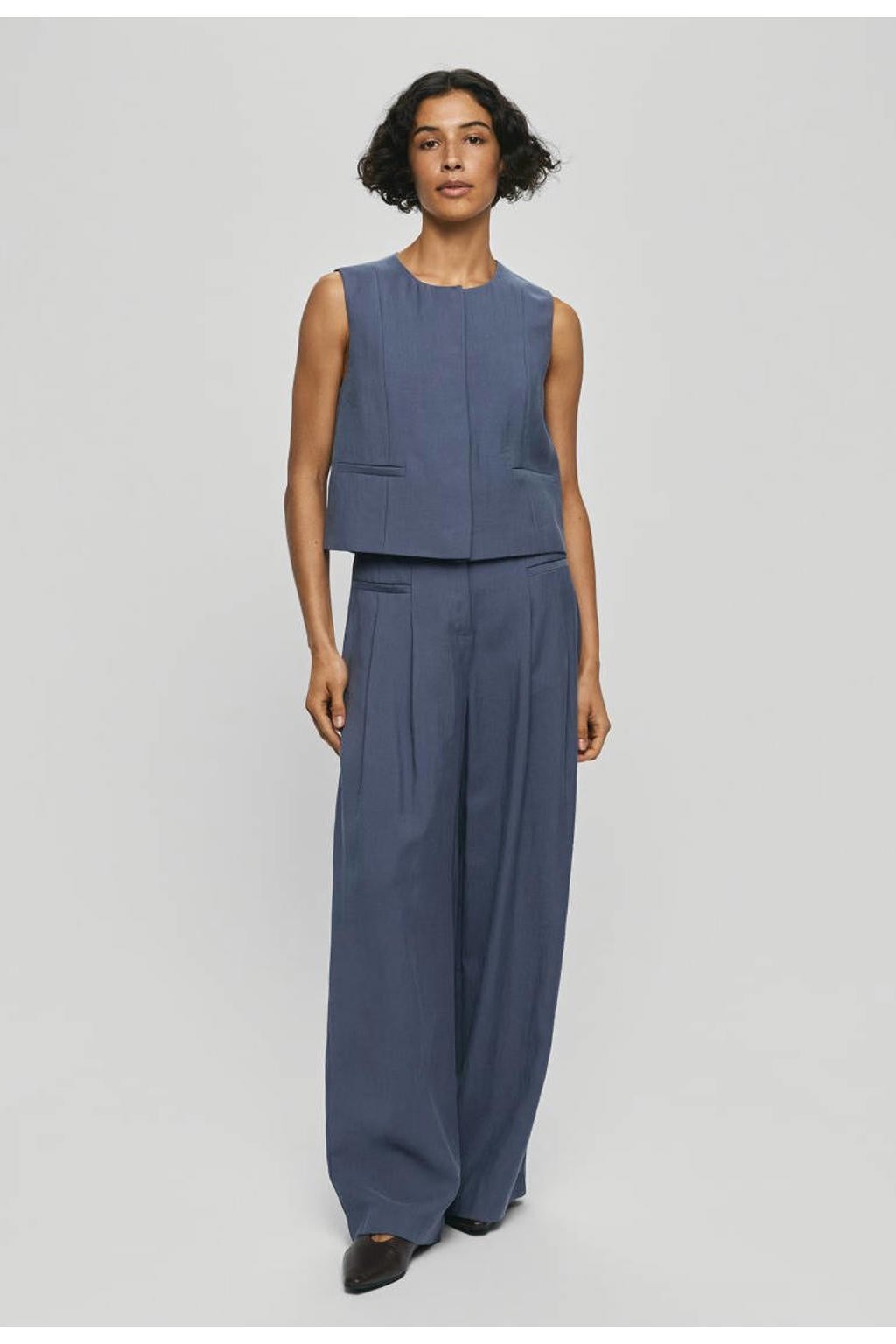 Donkerblauwe dames MSCH Copenhagen wide leg high waist broek van viscose met haaksluiting en effen