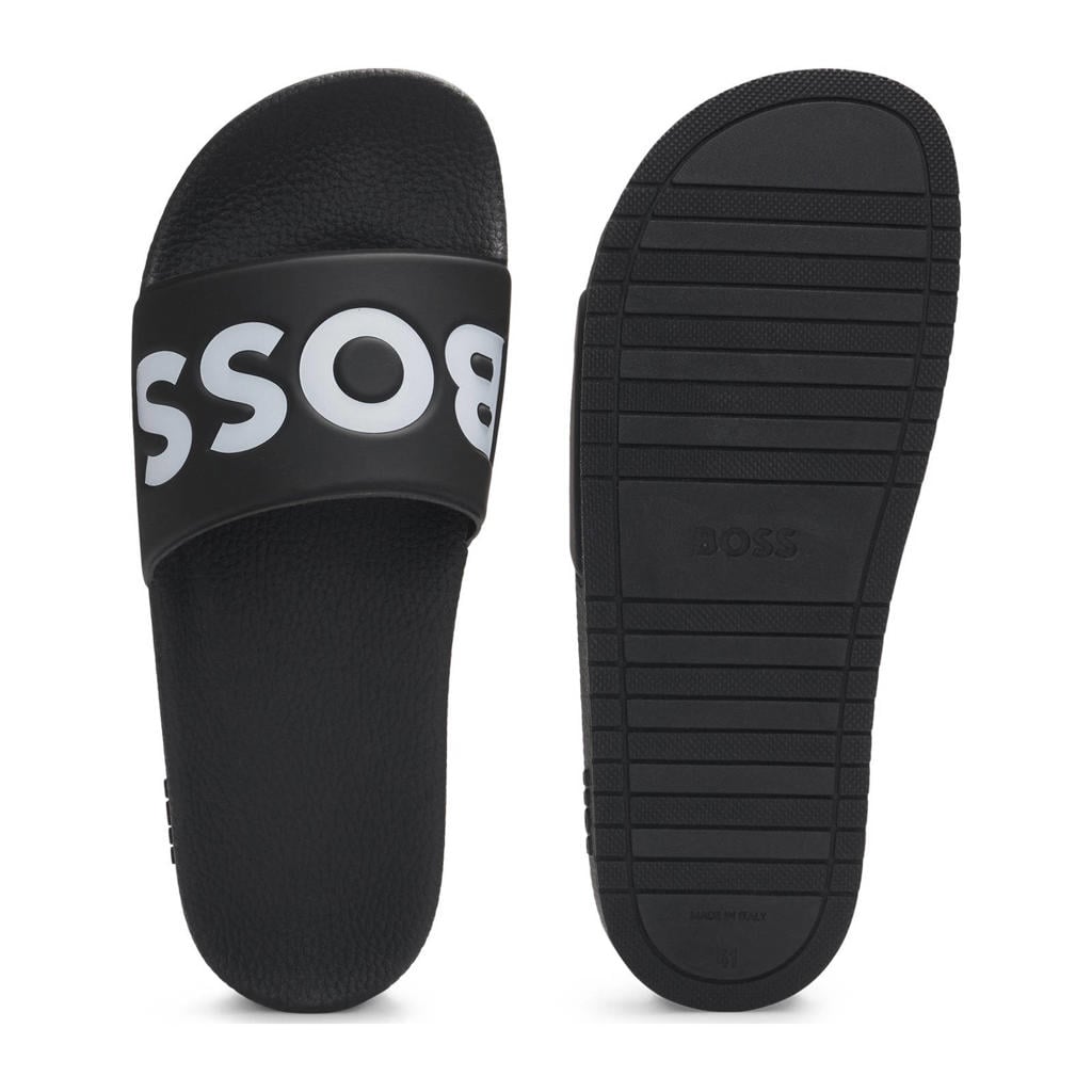 Zwart en witte heren BOSS slippers van rubber