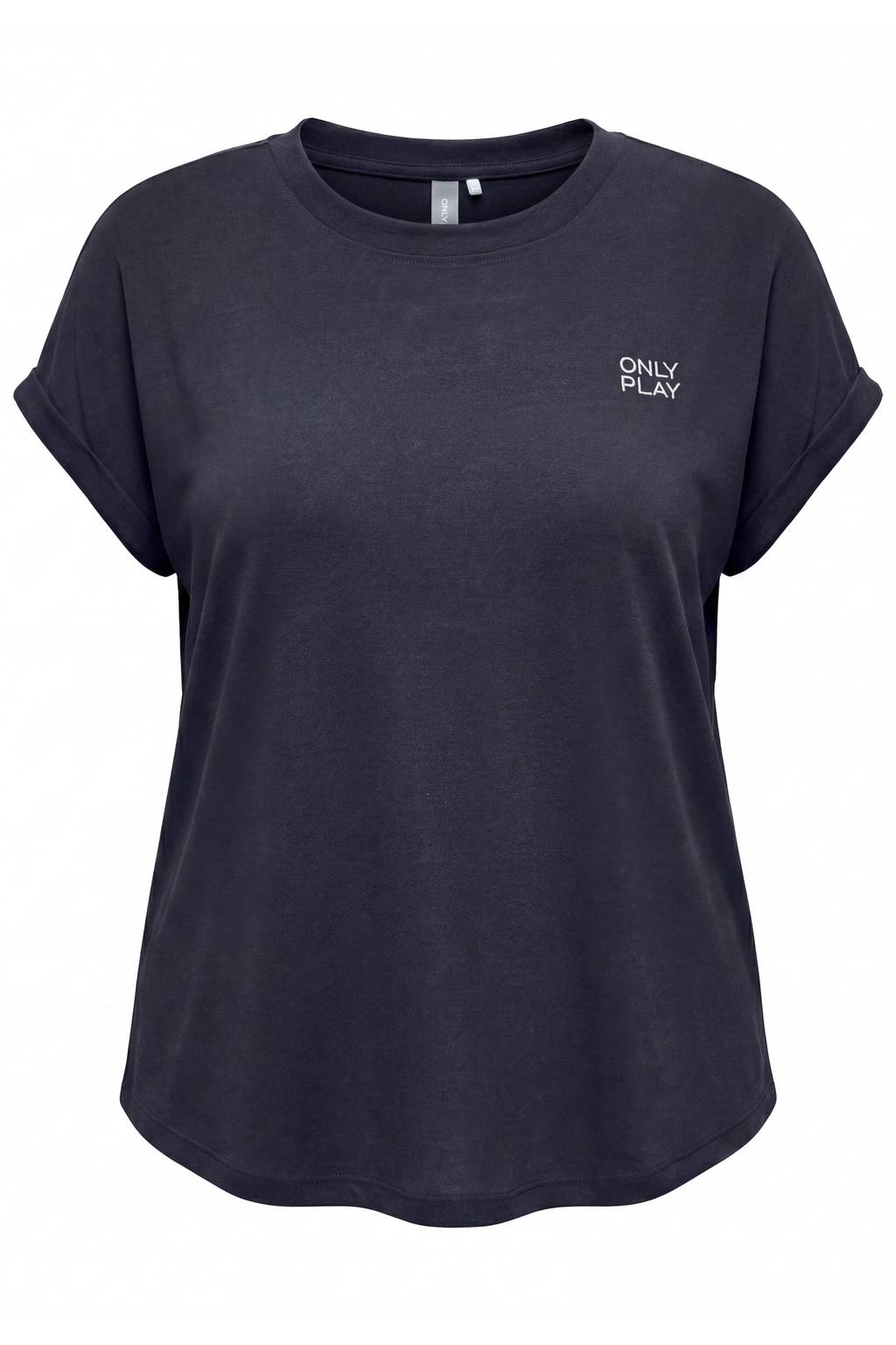 Donkerblauwe dames ONLY PLAY CURVY sport T-shirt van polyester met korte mouwen, ronde hals en borduursels