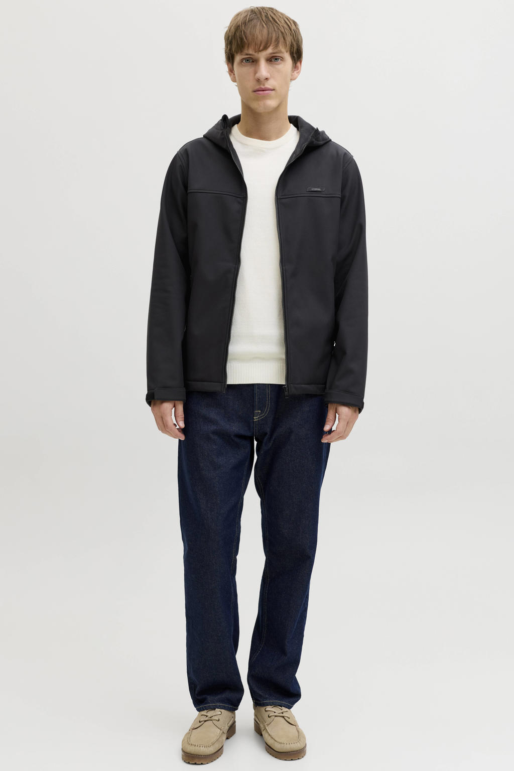Zwarte heren JJ REBEL softshell jas met effen, lange mouwen, capuchon, ritssluiting en gebreide details