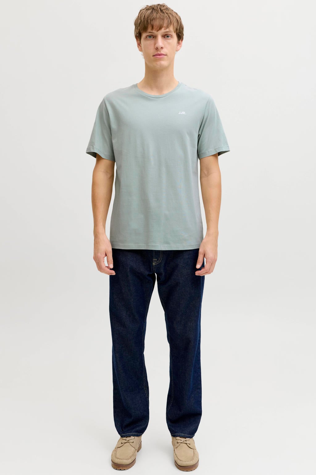 Lichtgroene heren JJ REBEL regular T-shirt van katoen met effen, korte mouwen en ronde hals
