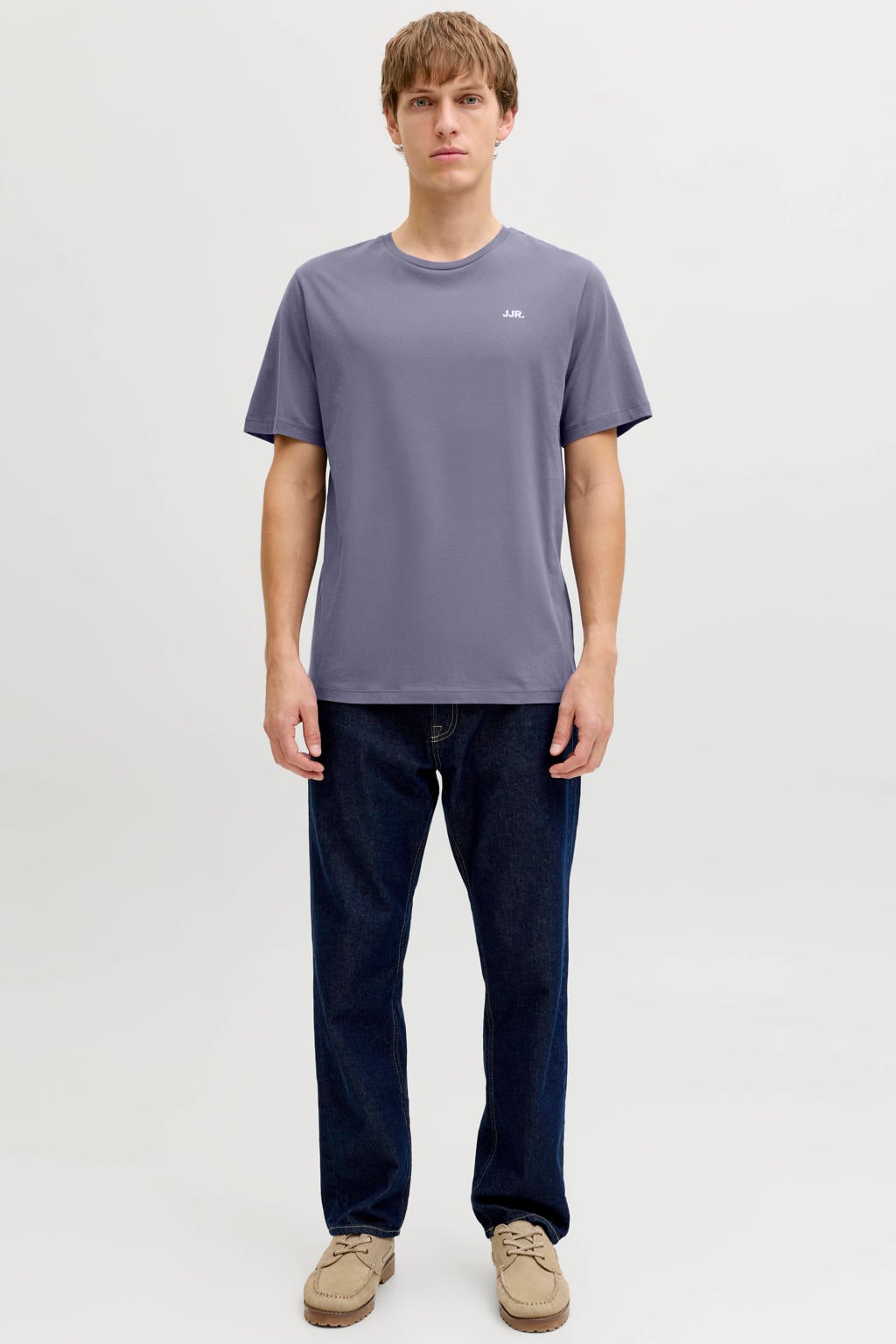 Paarse heren JJ REBEL regular T-shirt van katoen met effen, korte mouwen en ronde hals