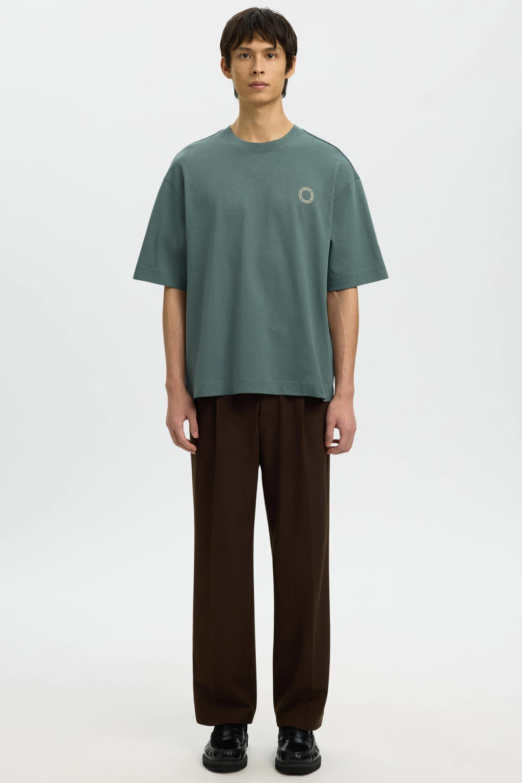 Groene heren Selected oversized T-shirt gebreid van katoen met effen, korte mouwen en ronde hals