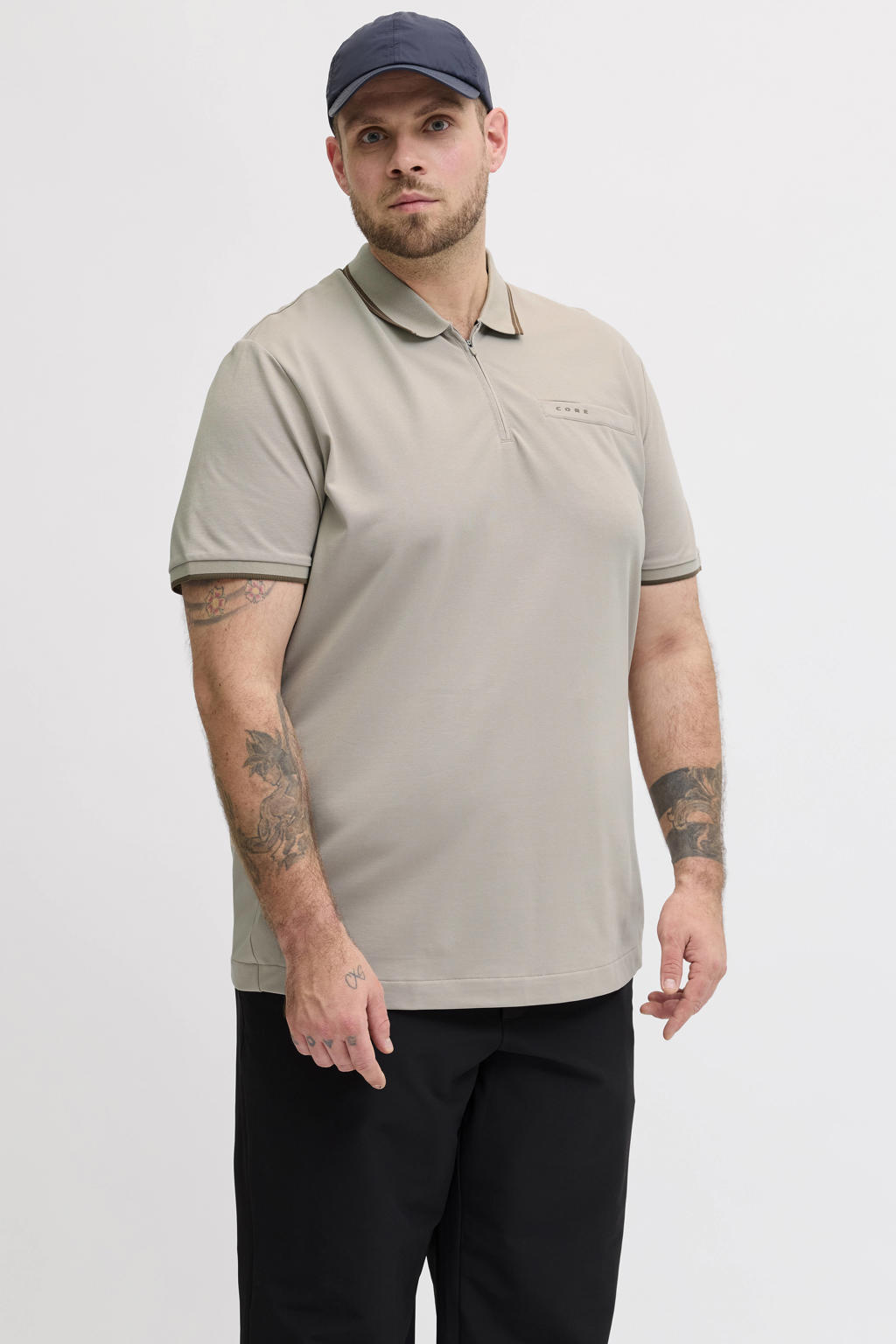 Beige heren JACK & JONES PLUS SIZE regular polo Plus Size van katoen met effen, korte mouwen, halve rits en pique