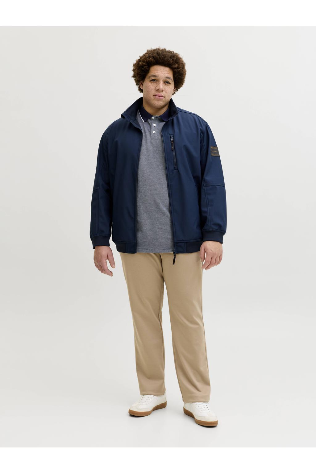 Donkerblauwe heren JACK & JONES PLUS SIZE regular polo Plus Size van katoen met melée print, korte mouwen en pique