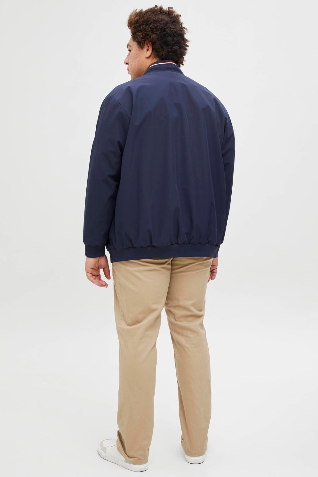 Donkerblauwe heren JACK & JONES PLUS SIZE bomberjack Plus Size van polyester met effen, lange mouwen, opstaande kraag, ritssluiting en geribde boorden