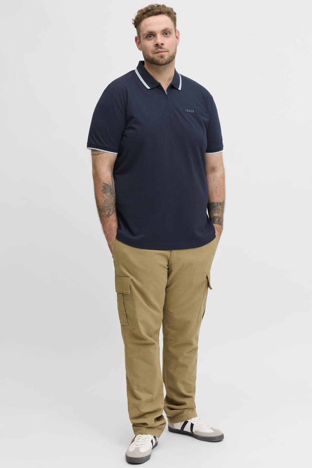 Donkerblauwe heren JACK & JONES PLUS SIZE regular polo Plus Size van katoen met effen, korte mouwen, halve rits en pique