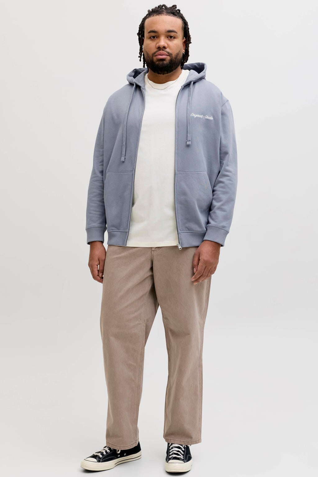 Grijsblauwe heren JACK & JONES PLUS SIZE sweatvest Plus Size blauw met effen, lange mouwen, capuchon en ritssluiting