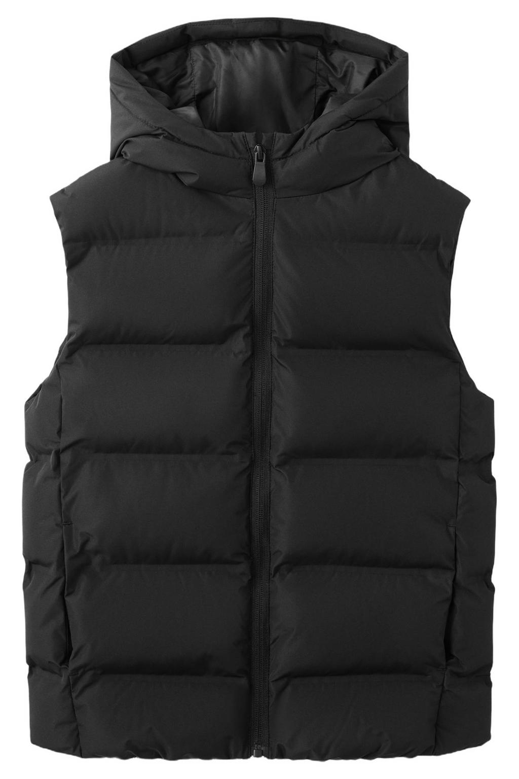 Zwarte jongens Mango Kids bodywarmer van polyester met effen, capuchon, ritssluiting en doorgestikte details
