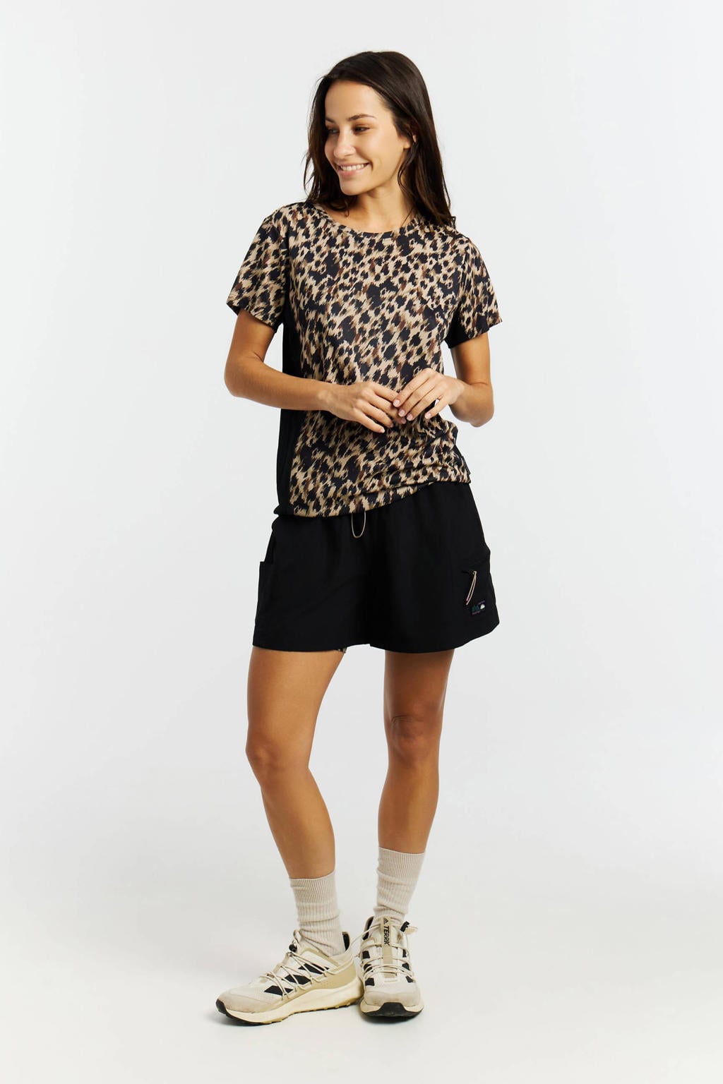Bruine dames Protest T-shirt van polyamide met dierenprint, korte mouwen en ronde hals