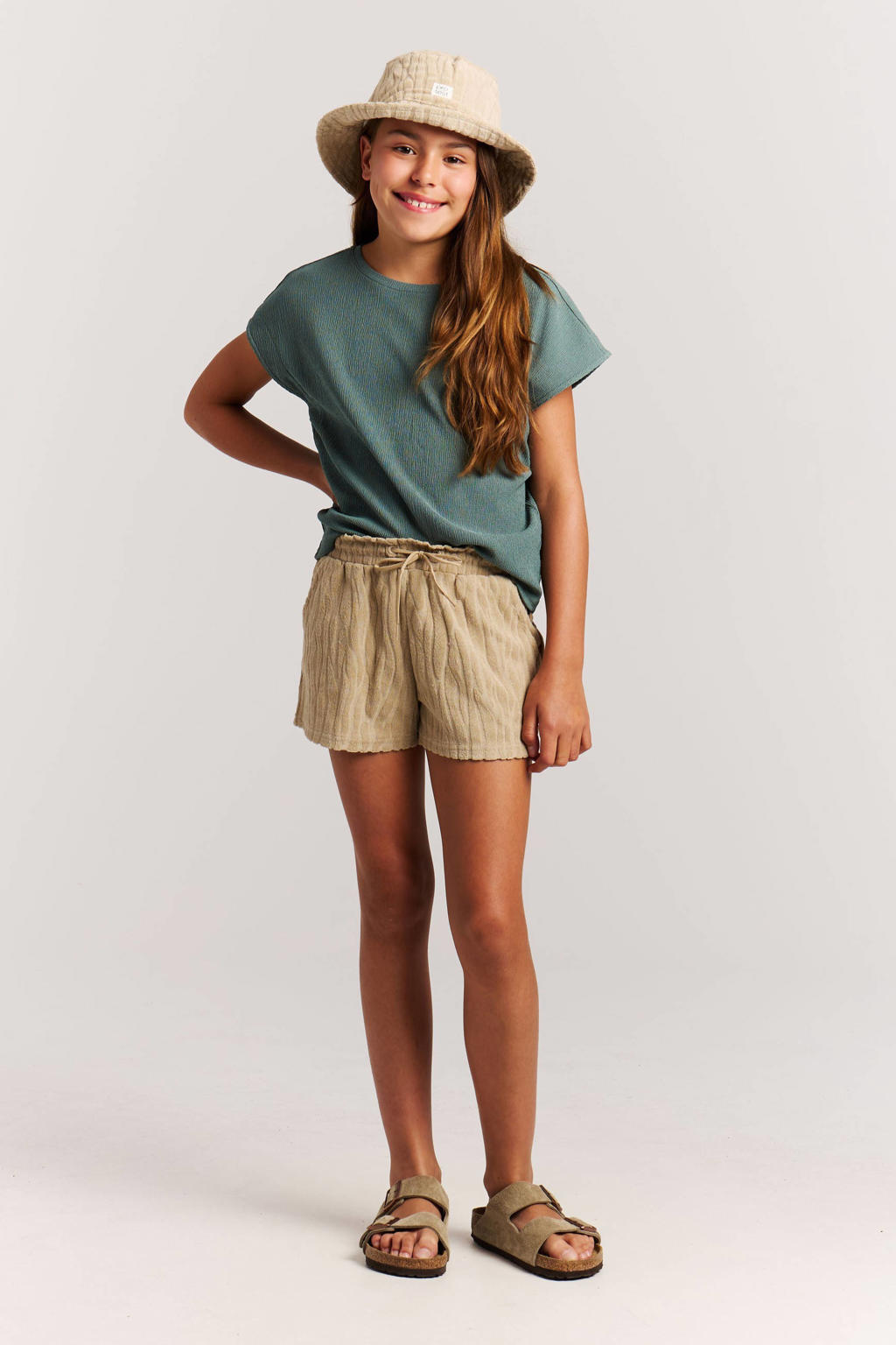 Beige meisjes Protest casual short van badstof met elastische tailleband met koord en dierenprint