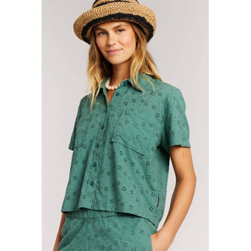 Protest blouse donkergroen broderie afbeelding