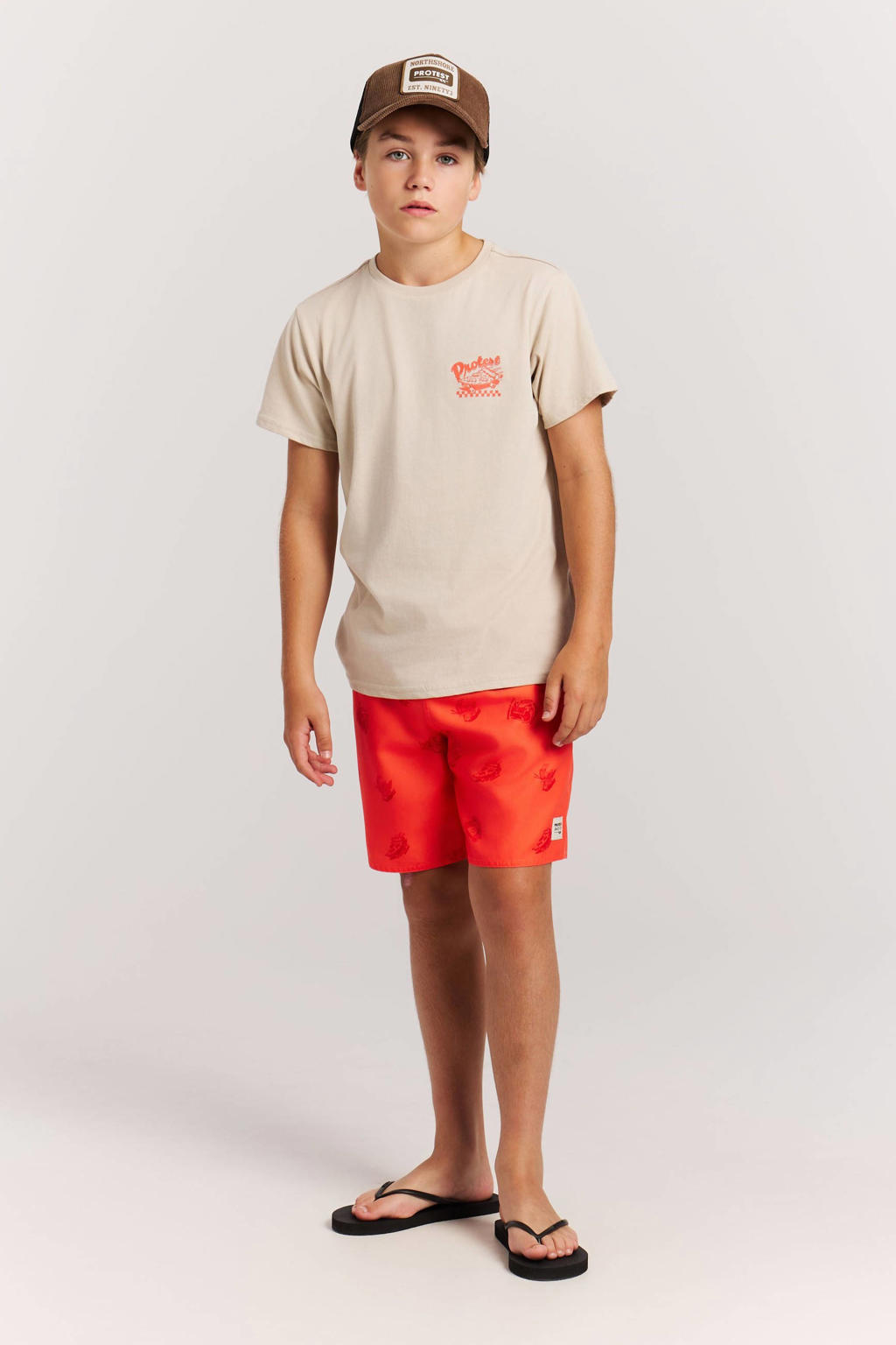 Ecru en oranje jongens Protest T-shirt van katoen met printopdruk, korte mouwen en ronde hals