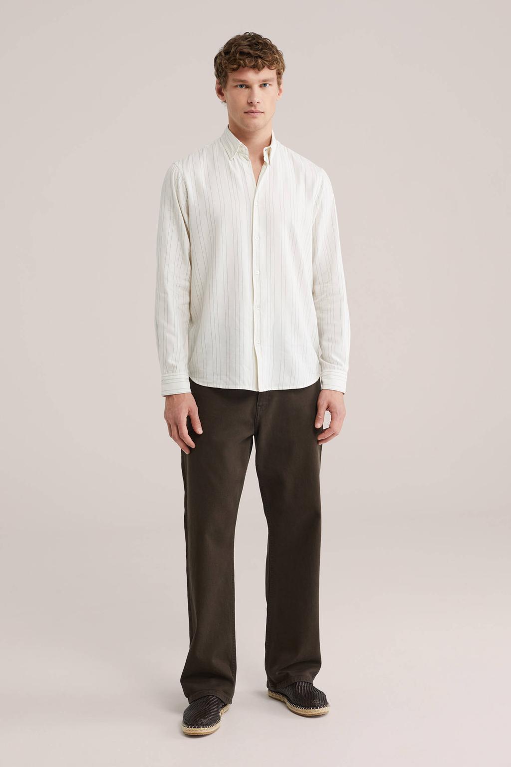 Witte heren WE Fashion regular casual overhemd van katoen met krijtstreepprint, lange mouwen, klassieke kraag en knoopsluiting
