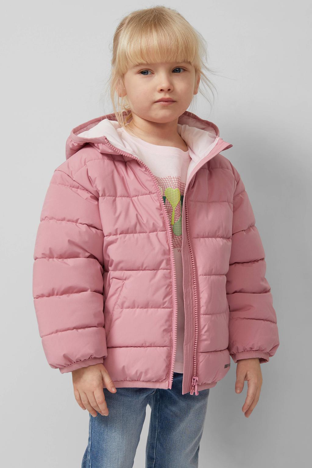 Lichtroze jongens s.Oliver tussenjas van polyester met effen, lange mouwen, capuchon, ritssluiting en doorgestikte details
