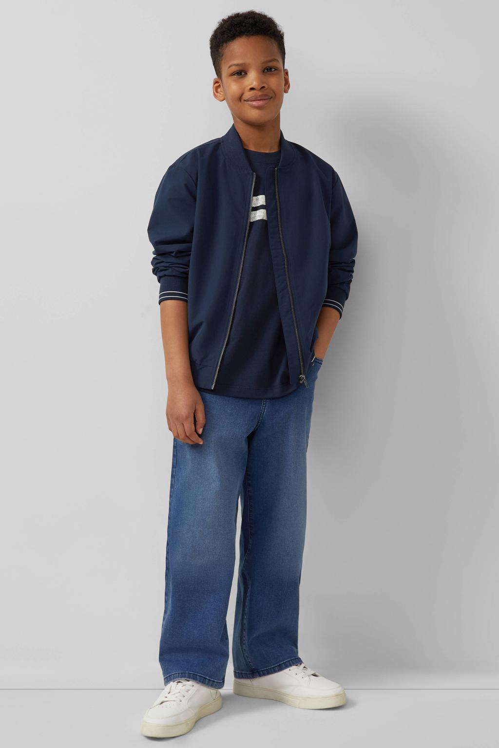 Donkerblauwe jongens s.Oliver T-shirt van katoen met backprint, korte mouwen en ronde hals