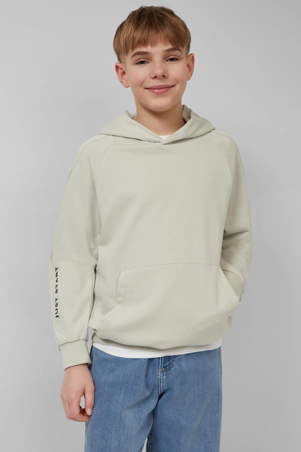Lichtgrijze jongens s.Oliver hoodie van sweat materiaal met effen, lange mouwen en capuchon