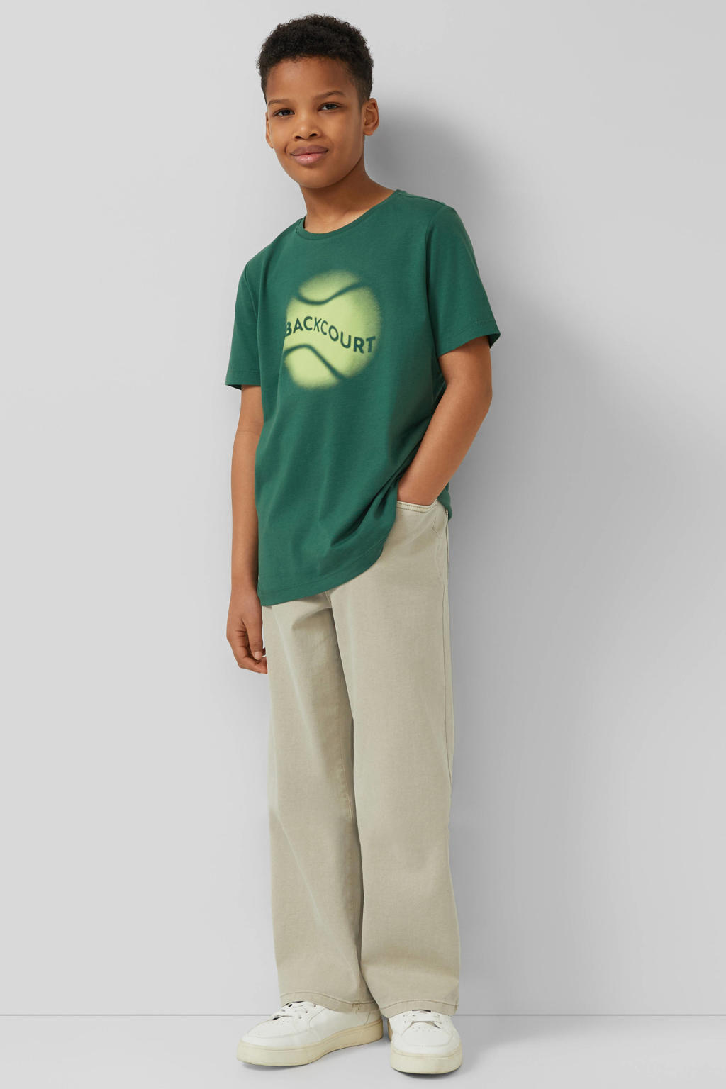 Donkergroene jongens s.Oliver T-shirt van katoen met printopdruk, korte mouwen en ronde hals