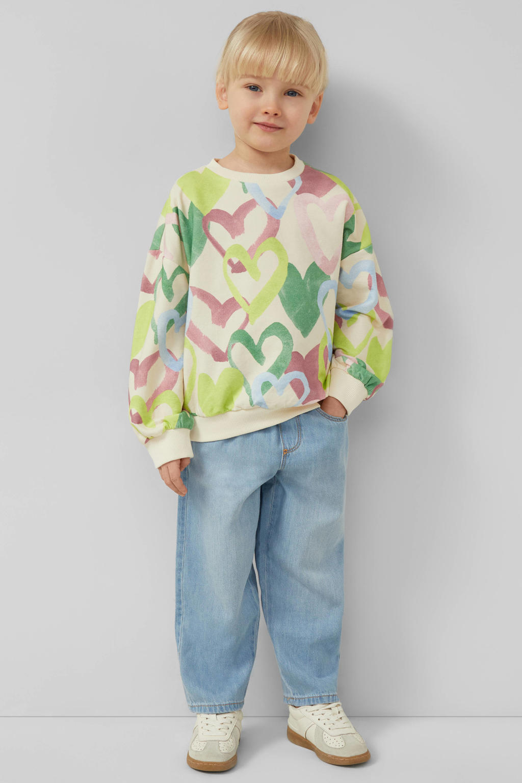 Ecru meisjes s.Oliver sweater met meerkleurige print, lange mouwen, ronde hals en geribde boorden