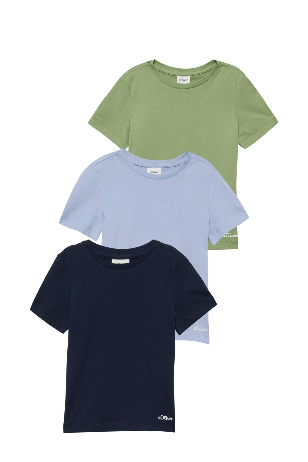 Set van 3 donkerblauw, lichtblauw en groene meisjes s.Oliver T-shirt van katoen met effen, korte mouwen en ronde hals