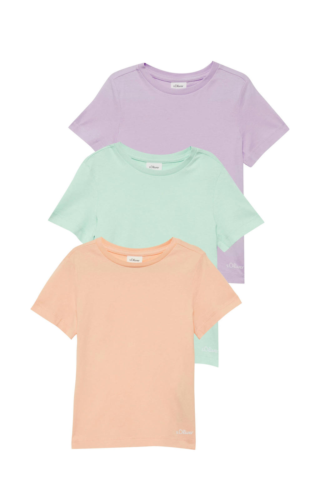 Set van 3 lichtgroen, oranje en lilakleurige meisjes s.Oliver T-shirt van katoen met effen, korte mouwen en ronde hals