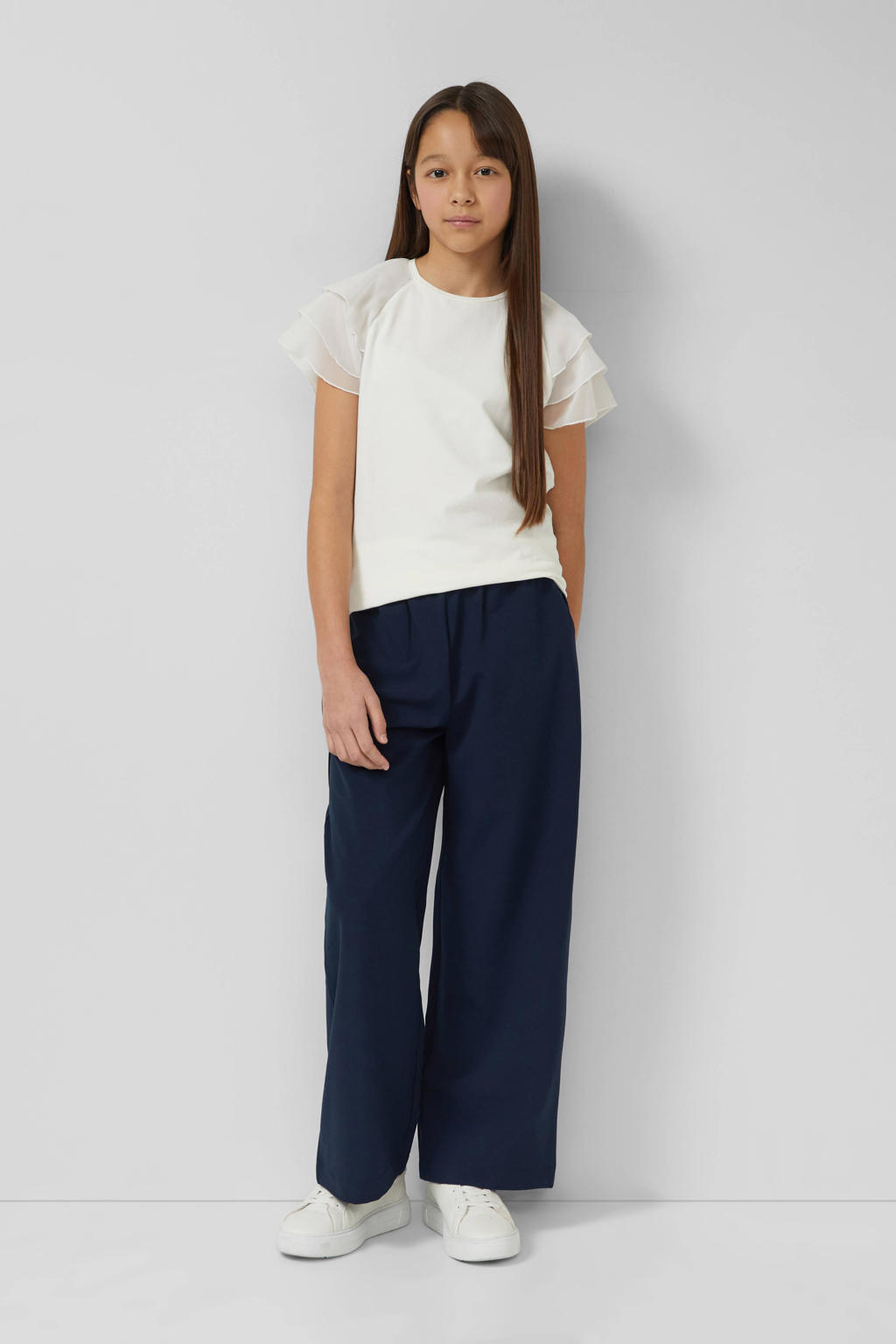 Donkerblauwe meisjes s.Oliver casual broek van polyester met elastische tailleband en effen