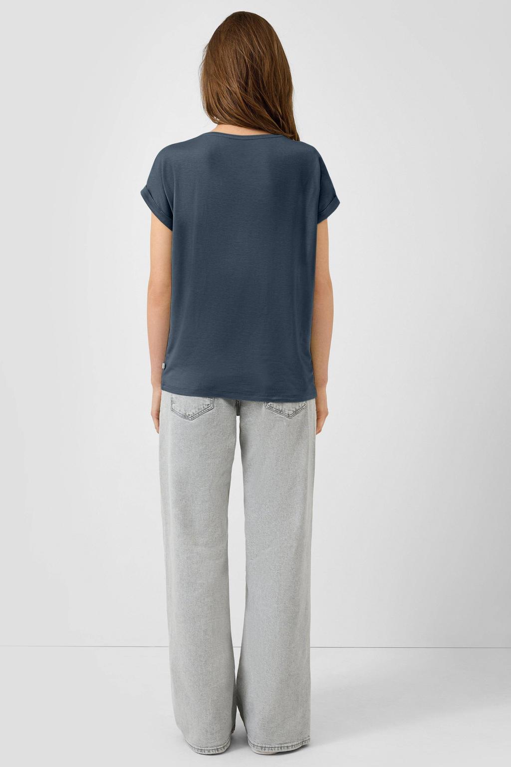 Marineblauw dames QS top van lyocell met effen, korte mouwen en ronde hals