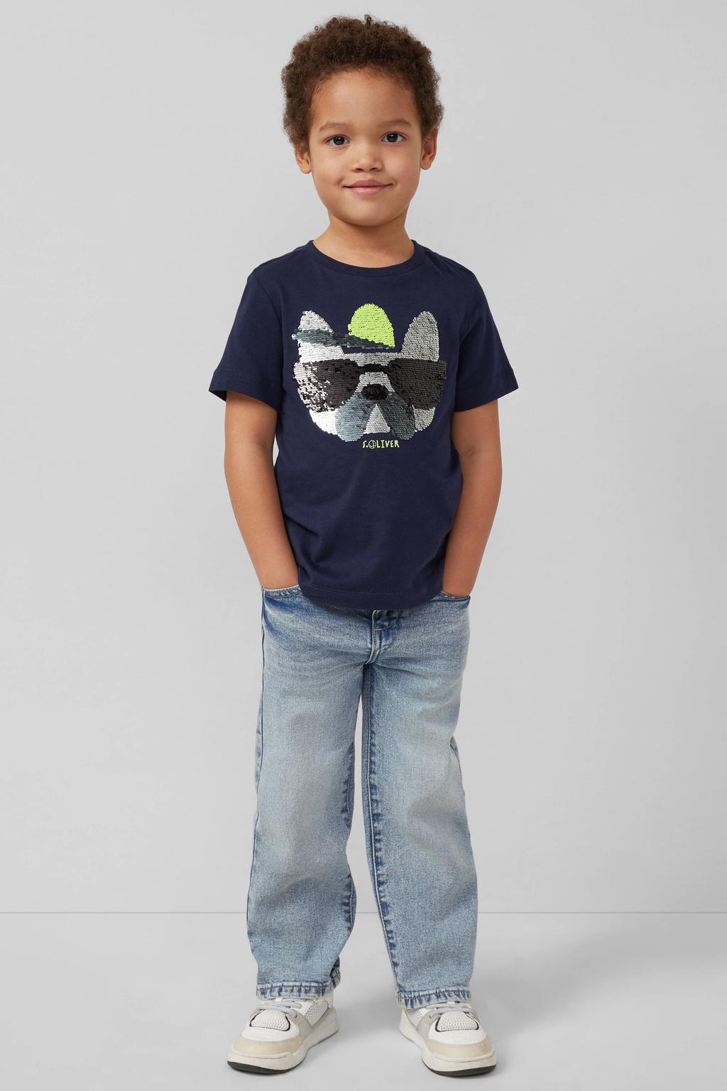 Donkerblauwe jongens s.Oliver T-shirt van katoen met printopdruk, korte mouwen, ronde hals en pailletten