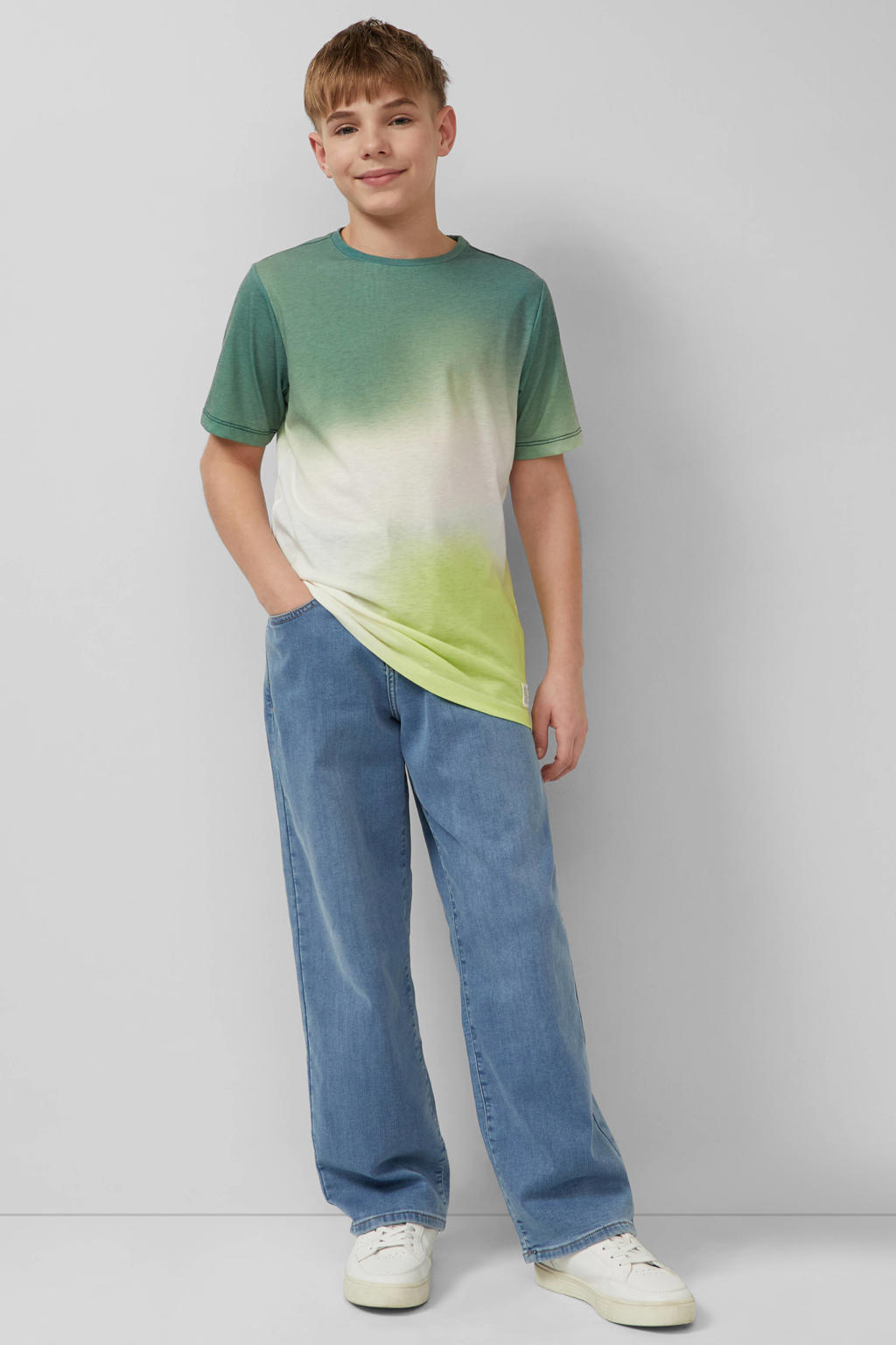 Ecru en groene jongens s.Oliver T-shirt van polyester met meerkleurige print, korte mouwen en ronde hals
