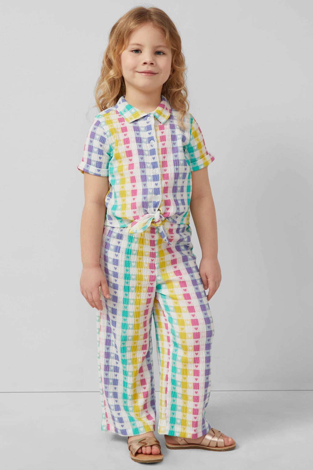 Roze, geel en groene meisjes s.Oliver blouse van polyester met meerkleurige print, korte mouwen, button down sluiting en knoopsluiting