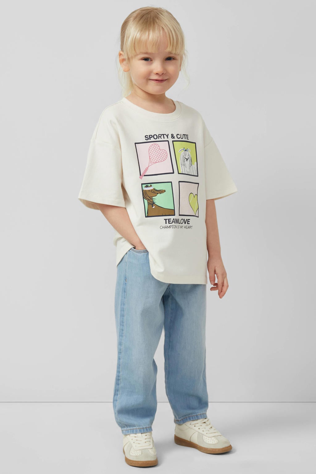 Ecru meisjes s.Oliver T-shirt van stretchkatoen met printopdruk, korte mouwen en ronde hals