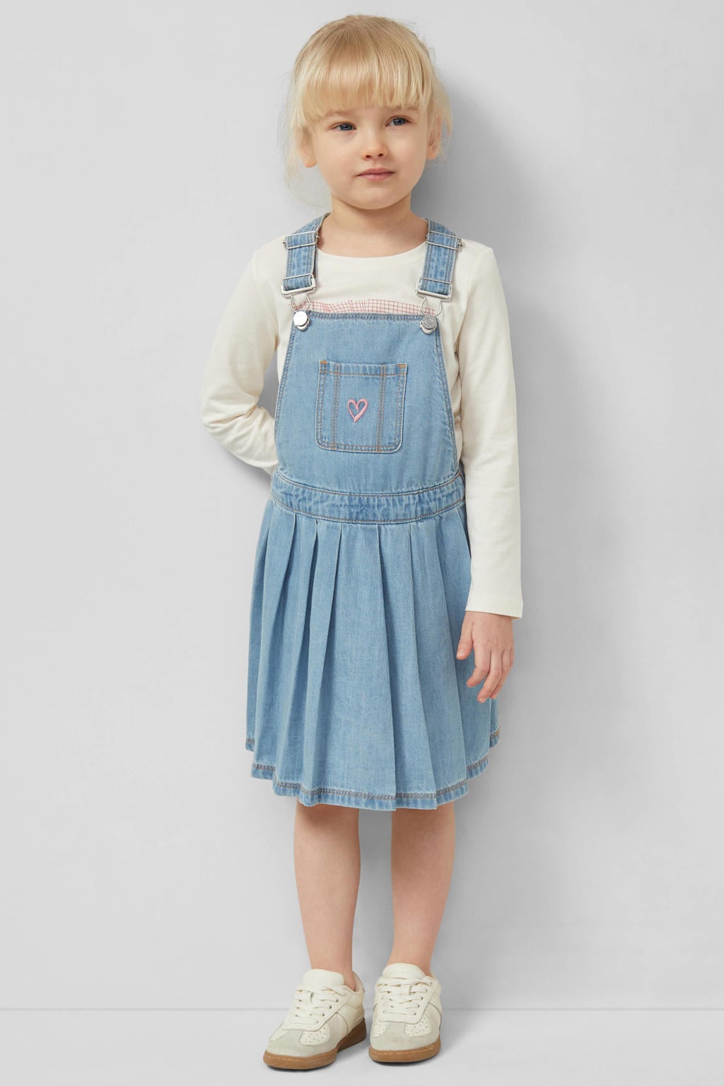 Light blue denim meisjes s.Oliver spijkerjurk van denim met effen, vierkante hals en plooien