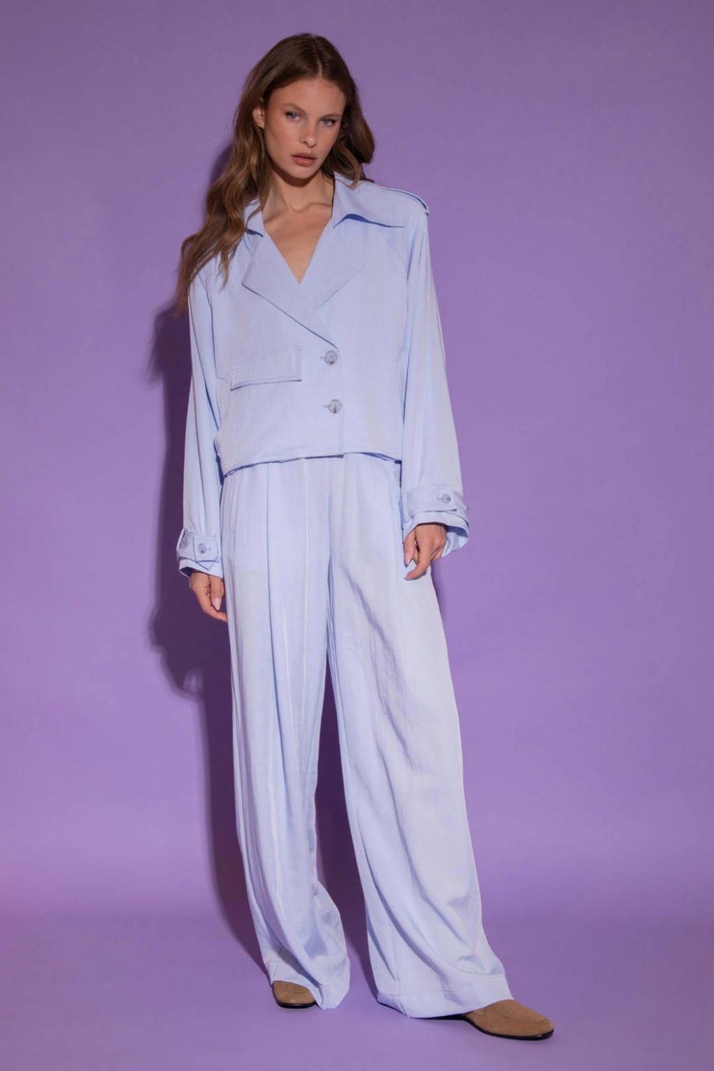 Lichtblauwe dames AMAYA Amsterdam jasje van polyester met effen, lange mouwen, reverskraag en knoopsluiting