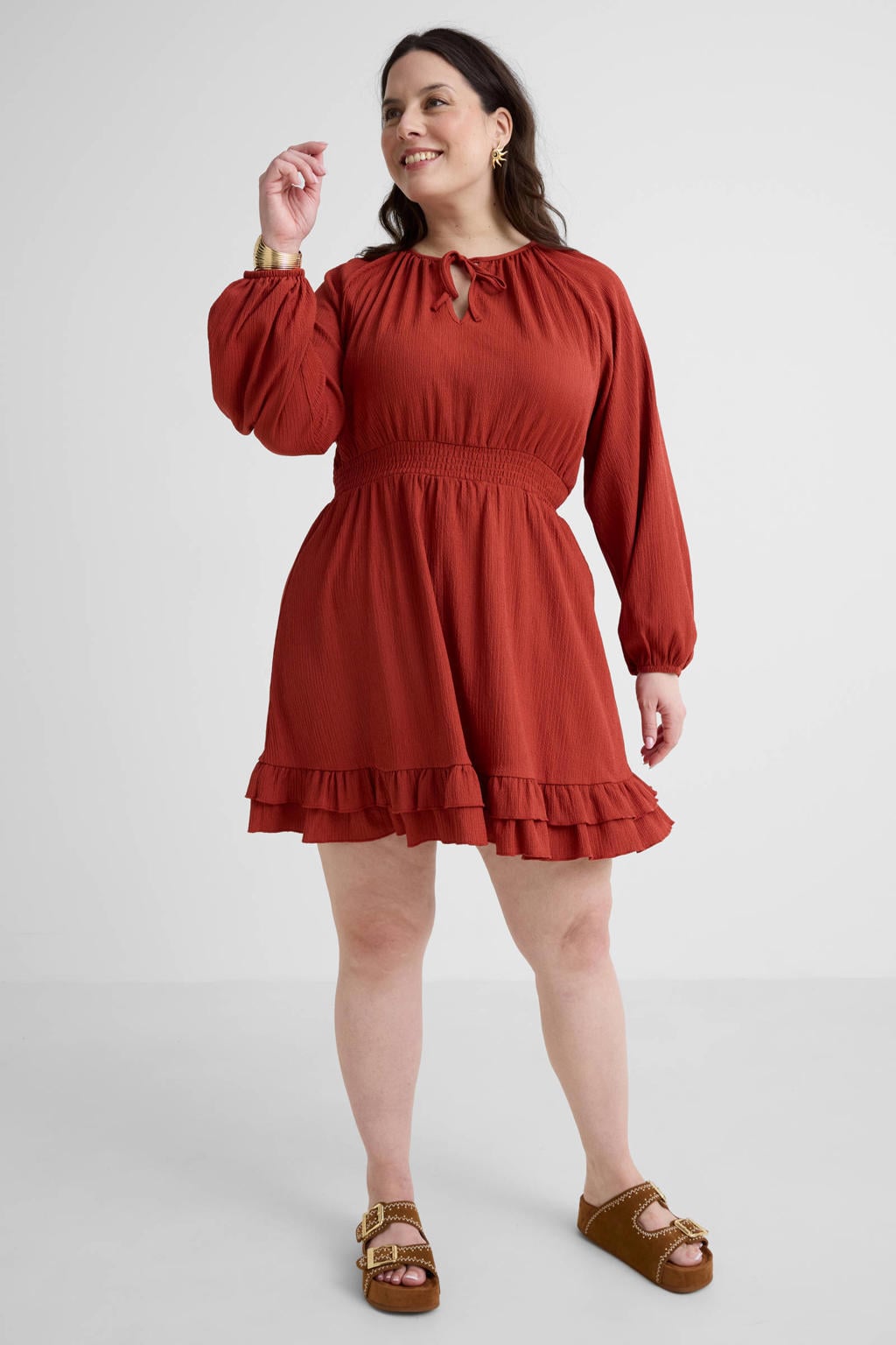 Roodbruine dames GREAT LOOKS jurk bruin van polyester met effen, lange mouwen, V-hals, elastische inzet en ruches
