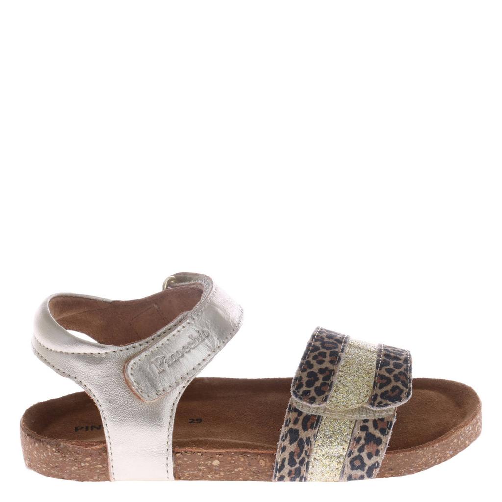 Champagne en bruine meisjes Pinocchio leren sandalen - van 74% leer/26% suède met klittenband en panterprint