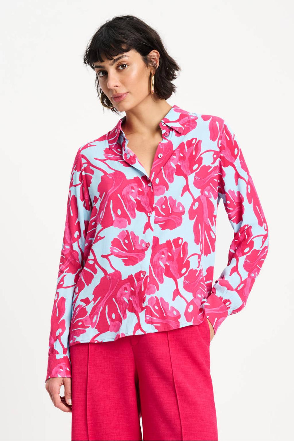 Lichtblauw en roze dames POM Amsterdam blouse van viscose met lange mouwen, klassieke kraag en knoopsluiting