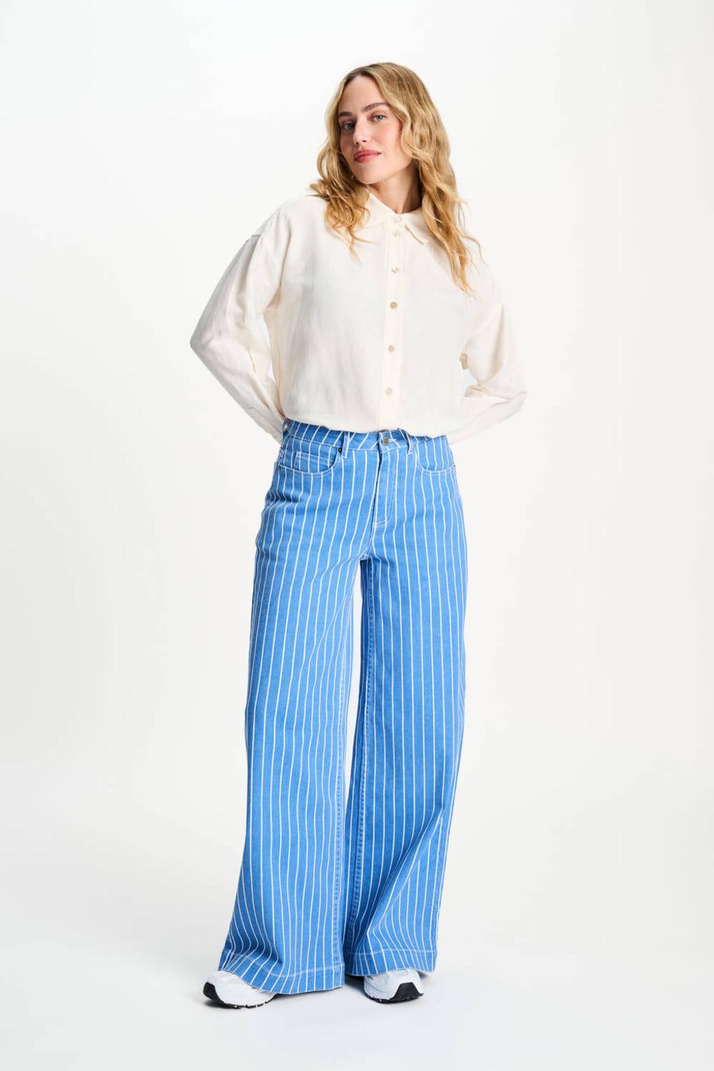Blauw en witte dames POM Amsterdam straight leg jeans van denim met rits- en knoopsluiting en effen
