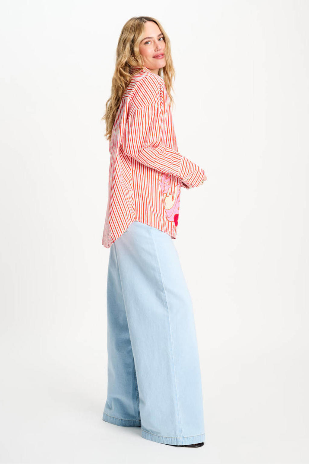 Rood en witte dames POM Amsterdam blouse van katoen met printopdruk, lange mouwen, klassieke kraag en knoopsluiting