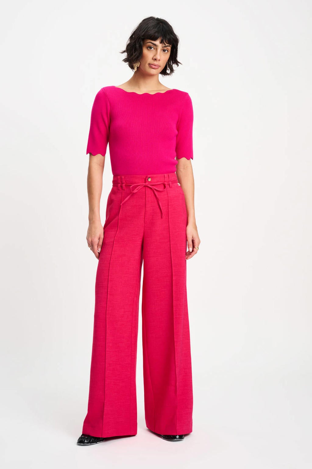 Roze dames POM Amsterdam wide leg high waist broek met knoopsluiting en effen