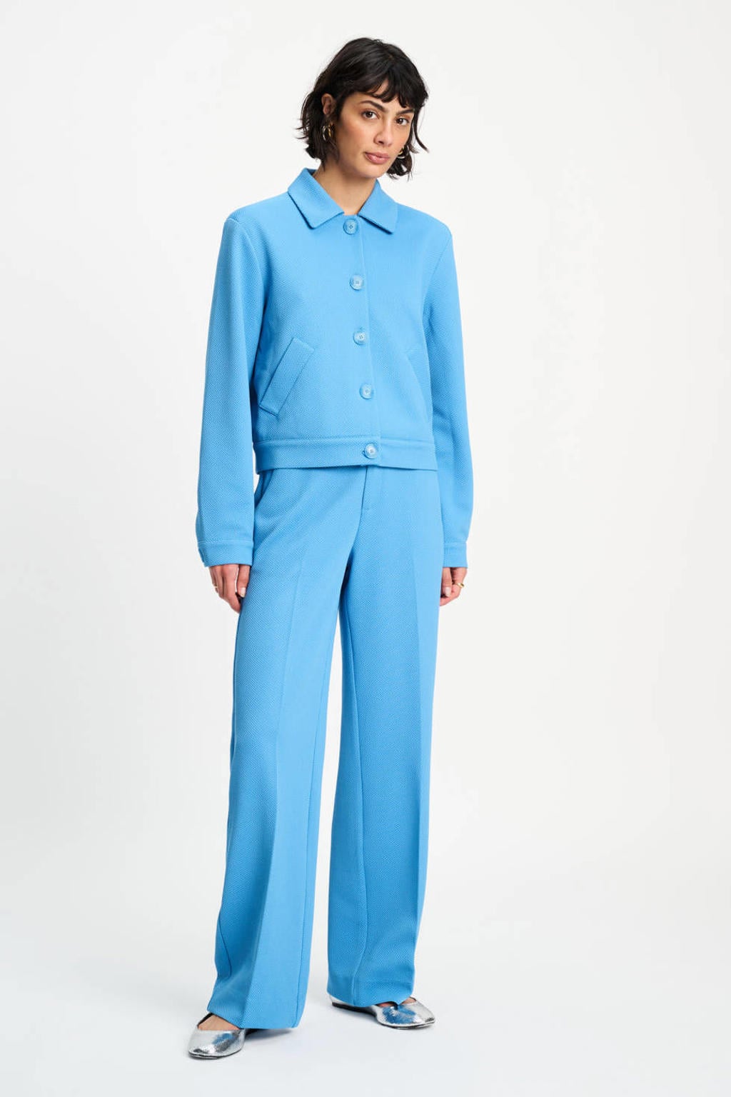 Blauwe dames POM Amsterdam jasje van polyester met effen, lange mouwen en klassieke kraag