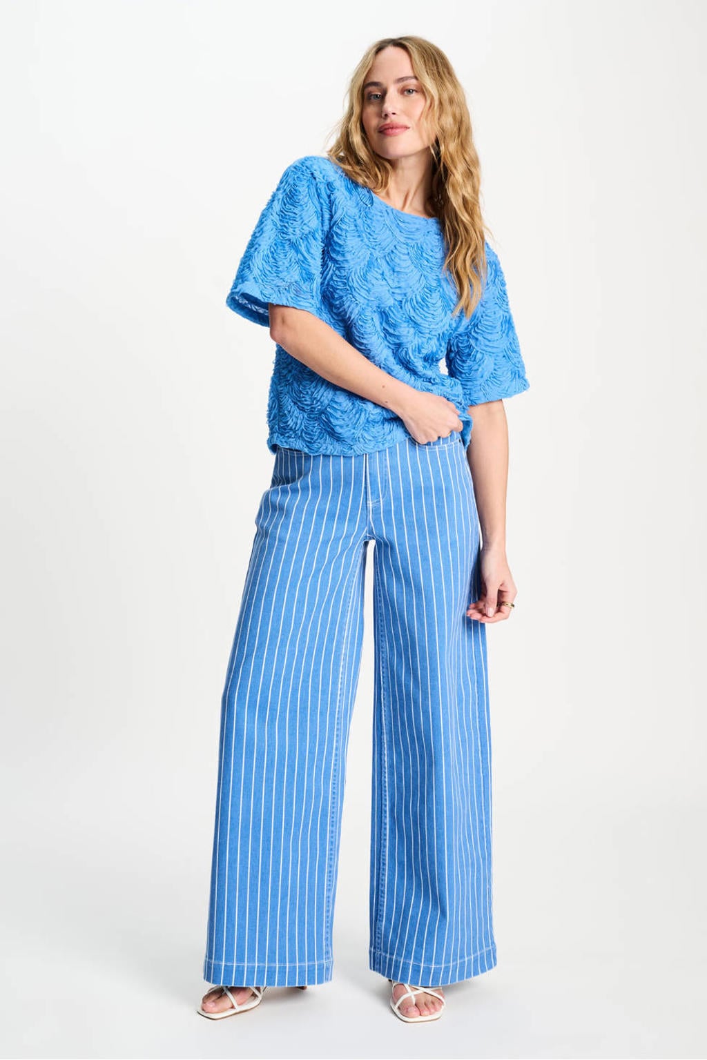 Blauwe dames POM Amsterdam top van polyester met effen, korte mouwen en ronde hals
