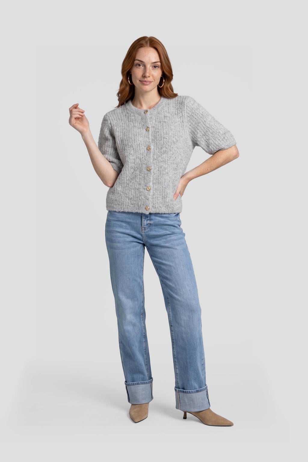 Medium blue denim dames Anytime high waist wide leg jeans van denim met rits- en knoopsluiting en effen