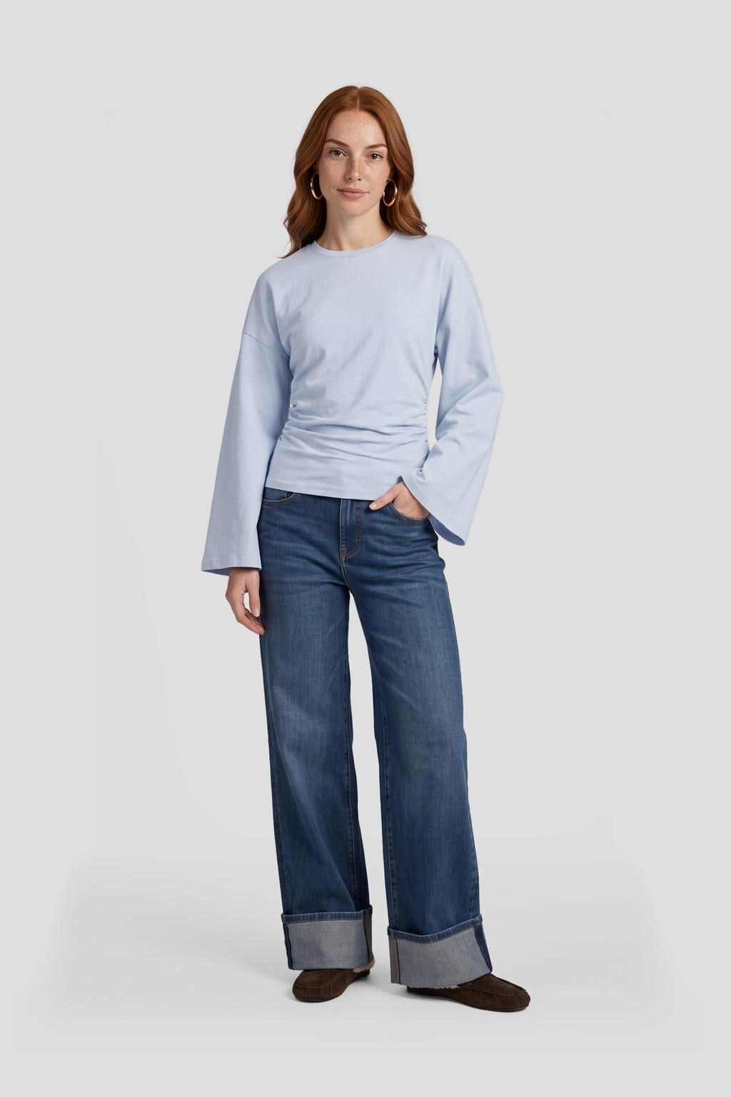 Dark blue denim dames Anytime high waist wide leg jeans van denim met rits- en knoopsluiting en effen