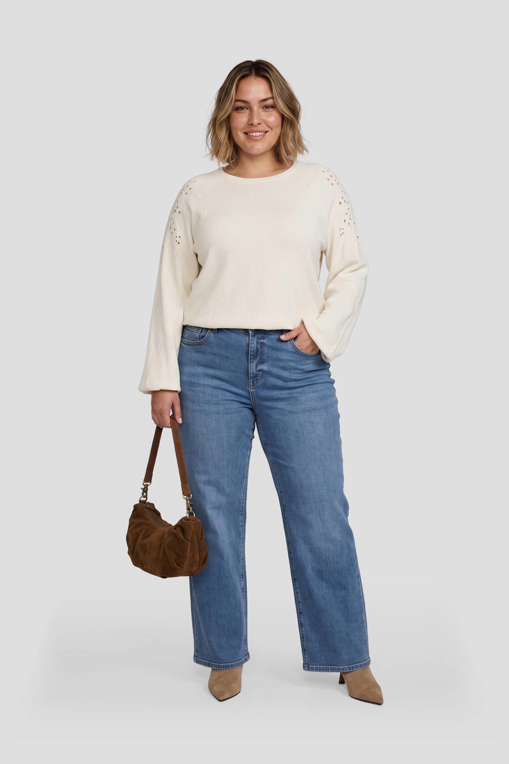 Medium blue denim dames GREAT LOOKS high waist wide leg jeans van denim met rits- en knoopsluiting en effen