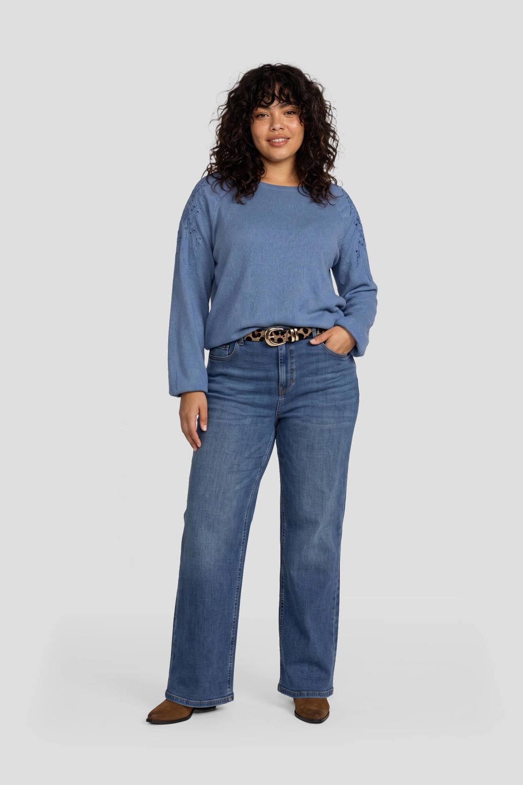 Dark blue denim dames GREAT LOOKS high waist wide leg jeans van denim met rits- en knoopsluiting en effen