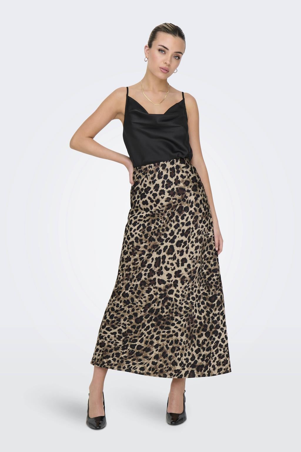 Bruin en zwarte dames ONLY A-lijn rok gemaakt van polyester en met elastische tailleband