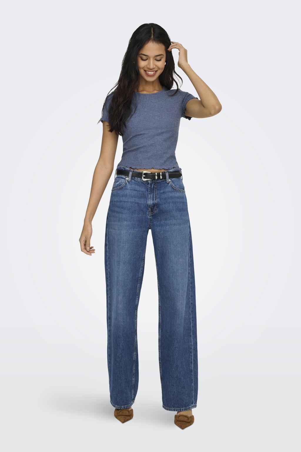 Donkerblauwe dames ONLY cropped top rib gebreid van polyester met effen, korte mouwen en ronde hals