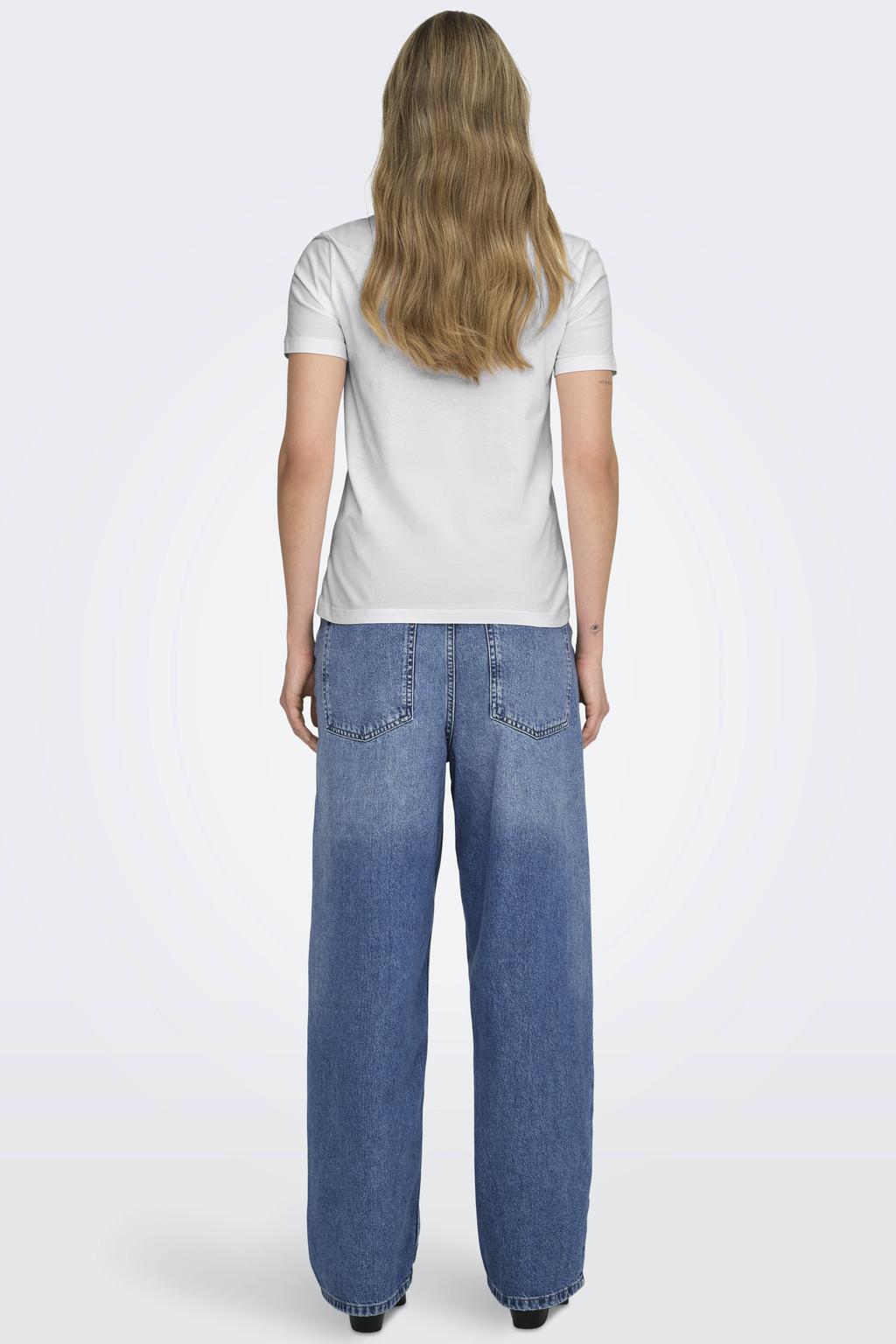 Ecru en zwarte dames ONLY T-shirt van katoen met printopdruk, korte mouwen en ronde hals