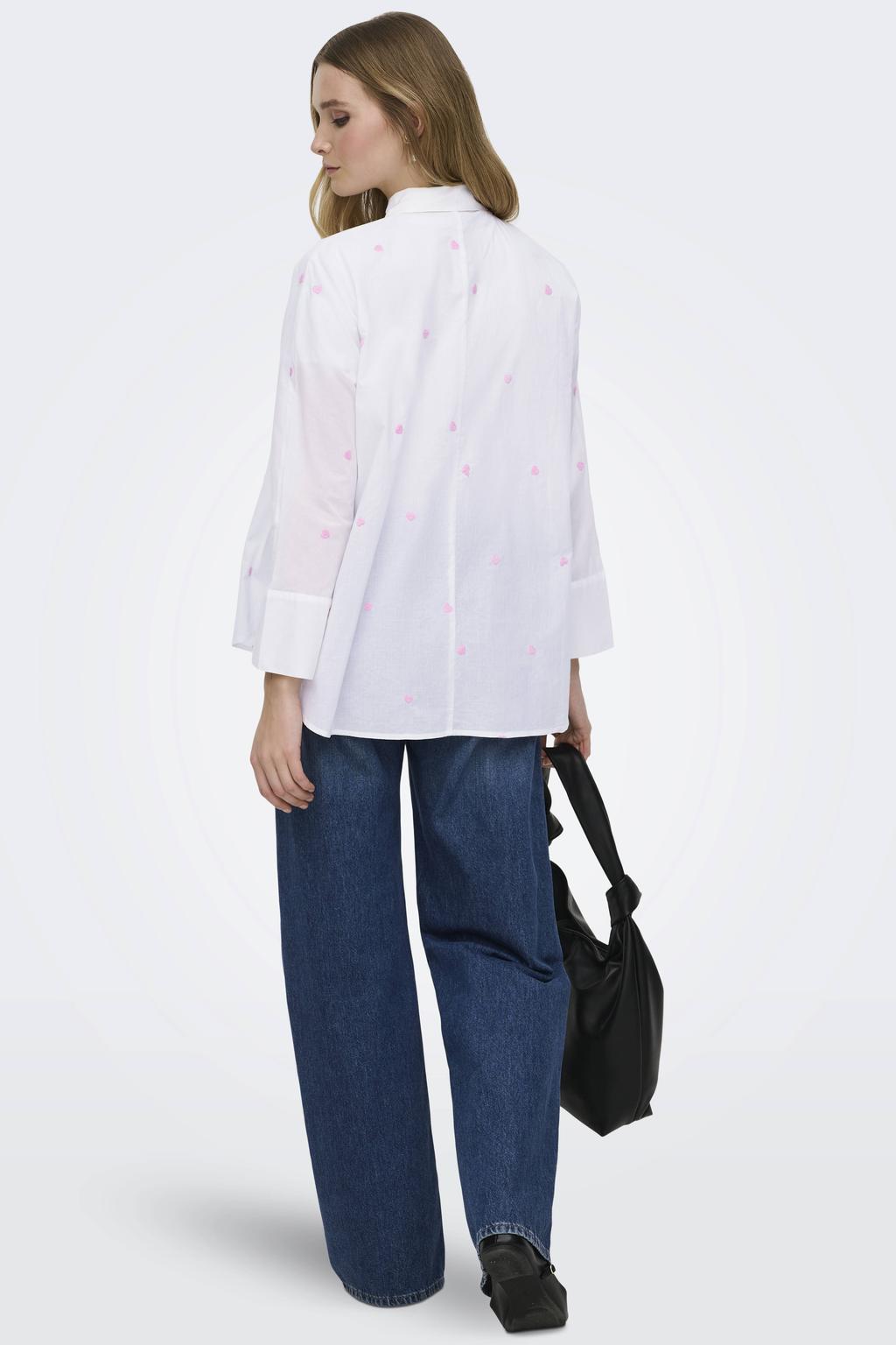 Wit en roze dames ONLY blouse van katoen met lange mouwen, klassieke kraag, knoopsluiting en borduursels