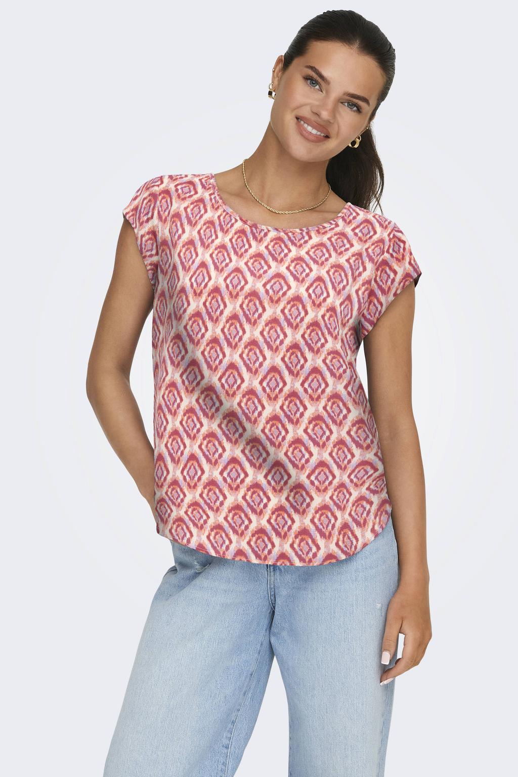 Roze dames ONLY blousetop van polyester met korte mouwen, ronde hals, ritssluiting en geweven detail